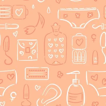 Seamless pattern of feminine hygiene items in hand-drawn style. Menstrual Stock-Illustration