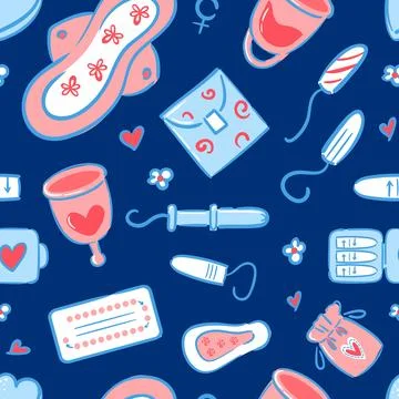 Seamless pattern of feminine hygiene items in hand-drawn style. Menstrual cups Stock Illustration