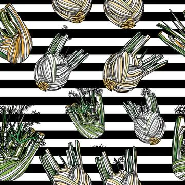 Seamless pattern with fennel and black stripes on white background. Illustrazione stock