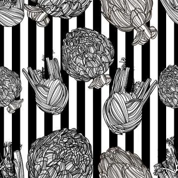 Seamless pattern with fennel, artichoke and black stripes on white background. Stock Illustration