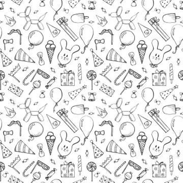 Seamless pattern with festive attributes. Inflatable balls, gifts, sweets. Stock Illustration