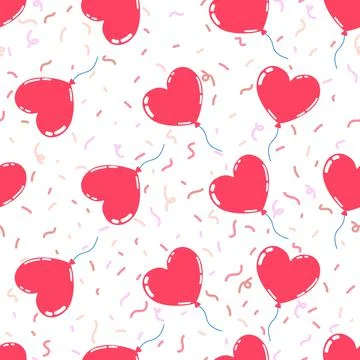 Seamless pattern of festive balloons in the shape of a heart and confetti Stock Illustration
