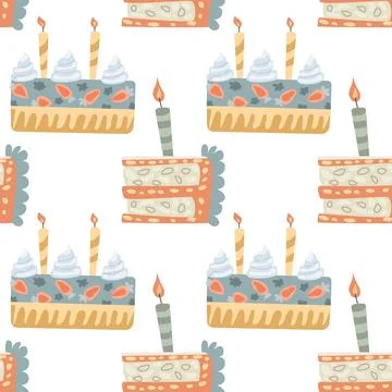 Seamless pattern of festive birthday cakes with candles and decorations Stock Illustration