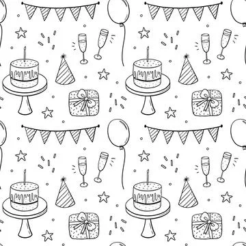Seamless pattern with festive cakes, party hats, gifts, champagne Illustrazione stock