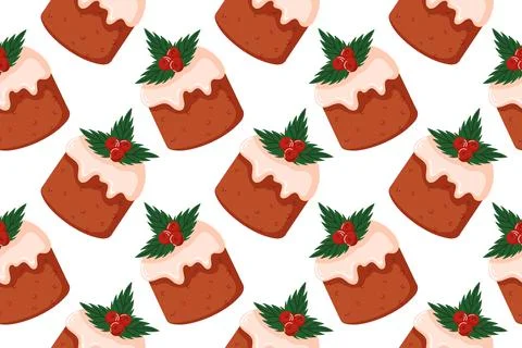 Seamless pattern with Festive Christmas cake topped with white icing, holly Stock Illustration