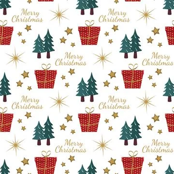 Seamless pattern with festive Christmas gift, trees in snow, stars and イラスト素材