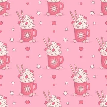Seamless pattern with Festive cup with Hot Cocoa, cream dessert with Marshm.. Stock Illustration