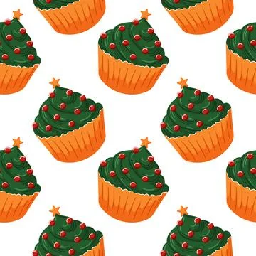 Seamless pattern with festive cupcake decorated like a Christmas tree with green Stock Illustration