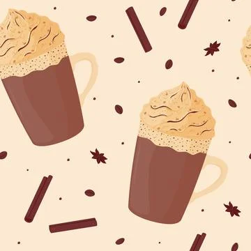 Seamless pattern. Festive cute cocoa with whipped cream, hot chocolate, cof.. Stock Illustration