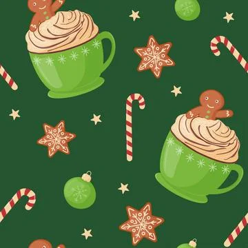 Seamless pattern. Festive cute cocoa with whipped cream, hot chocolate with.. Illustrazione stock