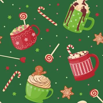Seamless pattern. Festive cute mugs with hot cocoa, coffee, chocolate, whip.. Stock Illustration