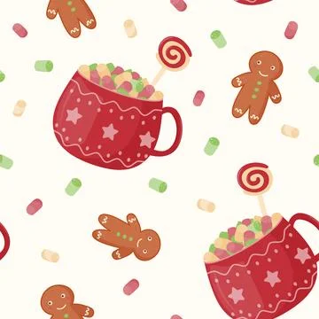 Seamless pattern. Festive cute mugs with cocoa, marshmallows and caramel. G.. Illustrazione stock