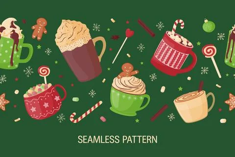 Seamless pattern. Festive cute mugs with hot cocoa, coffee, chocolate, whip.. Stock Illustration