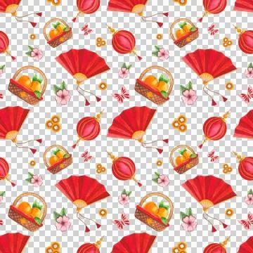Seamless pattern with festive elements in an Asian style. Hand-drawn watercolor Stock Illustration