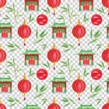 Seamless pattern with festive elements in an Asian style. Hand-drawn watercolor Stock Illustration