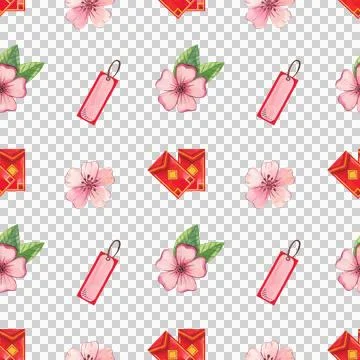 Seamless pattern with festive elements in an Asian style. Hand-drawn watercolor Stock Illustration