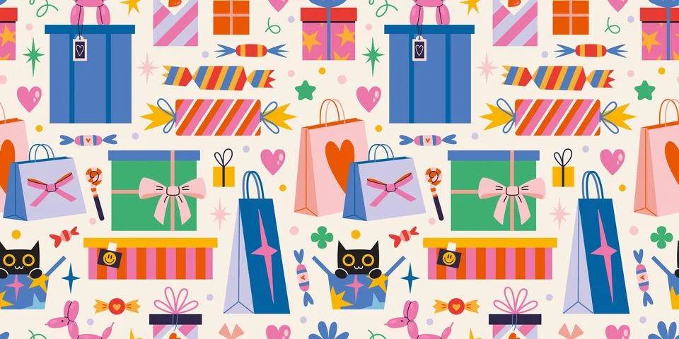 Seamless pattern with Festive gifts package, boxes and bags with decorations  Stock Illustration