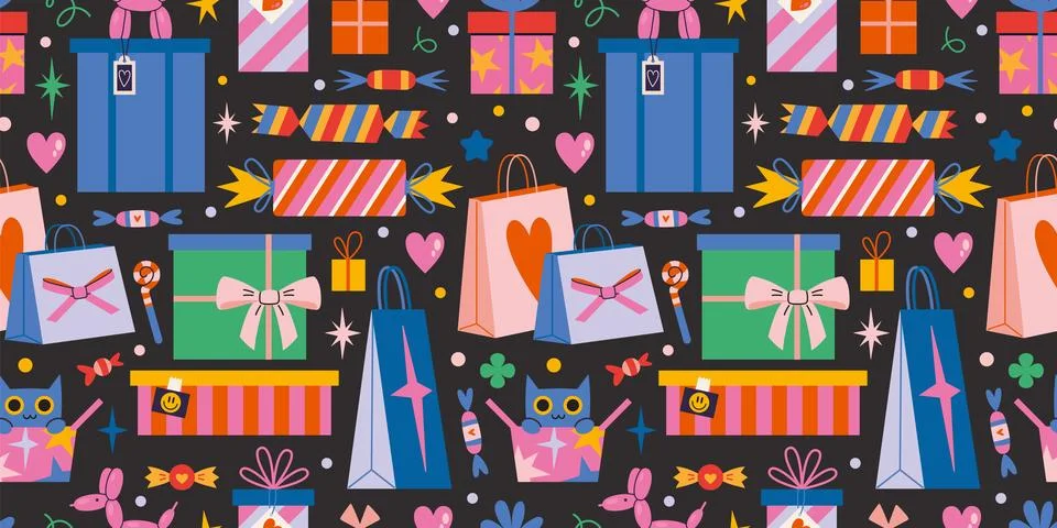 Seamless pattern with Festive gifts package, boxes and bags with decoration.. Illustrazione stock