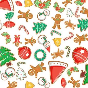 Seamless Pattern of Festive Gingerbread Cookies and Winter Holiday Symbols Stock Illustration