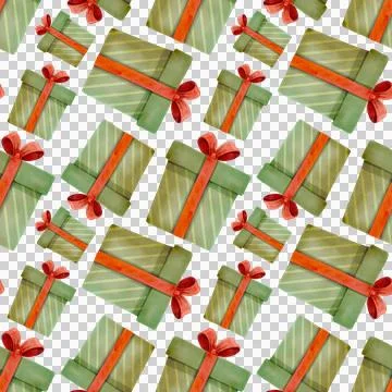 Seamless pattern with festive green box with red ribbon. Watercolor illustration Stock Illustration