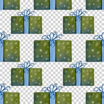 A seamless pattern with festive green boxes. Hand-drawn watercolor illustration. Stock Illustration