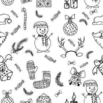 Seamless pattern of festive New Year s Christmas things snowmen, toys, bells Stock Illustration