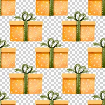 Seamless pattern. Festive orange boxes with a green ribbon. Stock Illustration