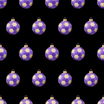 Seamless Pattern of Festive Purple and Gold Soccer Ball Styled Christmas Or.. Stock Illustration