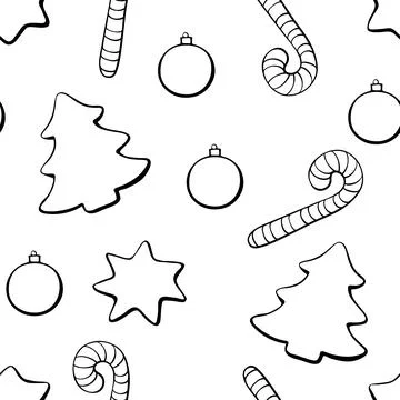 Seamless pattern of festive symbols - figures of Christmas trees, candy can.. Stock Illustration