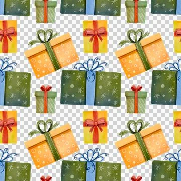 Seamless pattern. Festive yellow and green boxes. Watercolor illustration Stock Illustration