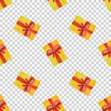 Seamless pattern. Festive yellow boxes with red ribbon. Watercolor illustration. Stock Illustration