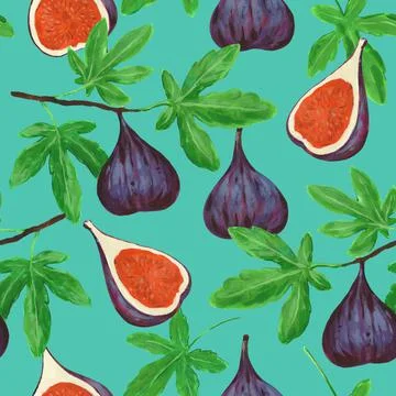 Seamless pattern with fig fruits and leaves. Colorful hand painted print with Stock-Illustration