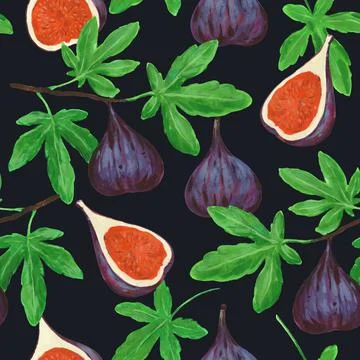 Seamless pattern with fig fruits and leaves. Colorful hand painted print with Stock Illustration