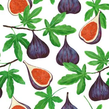 Seamless pattern with fig fruits and leaves. Colorful hand painted print with Illustrazione stock