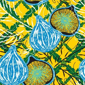 Seamless pattern with figs and leaves in line-art style. Mediterranean spirit Stock Illustration