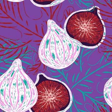 Seamless pattern with figs and leaves in line-art style. Mediterranean spirit Stock Illustration