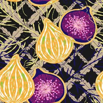 Seamless pattern with figs and leaves in line-art style. Mediterranean spirit Stock Illustration