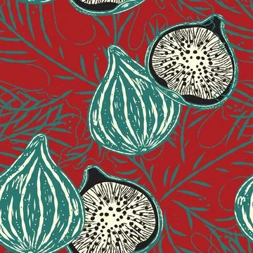 Seamless pattern with figs and leaves in line-art style. Mediterranean spirit Stock Illustration