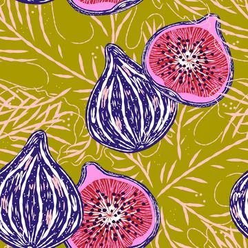 Seamless pattern with figs and leaves in line-art style. Mediterranean spirit Stock Illustration