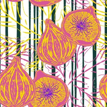 Seamless pattern with figs and leaves in line-art style. Mediterranean spirit Illustrazione stock