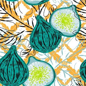 Seamless pattern with figs and leaves in line-art style. Mediterranean spirit Stock Illustration