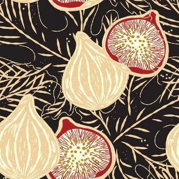 Seamless pattern with figs and leaves in line-art style. Mediterranean spirit Stock Illustration