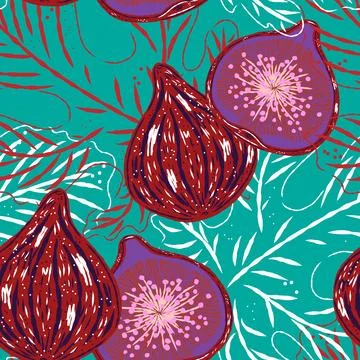 Seamless pattern with figs and leaves in line-art style. Mediterranean spirit Stock Illustration