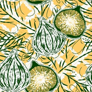 Seamless pattern with figs and leaves in line-art style. Mediterranean spirit Illustrazione stock