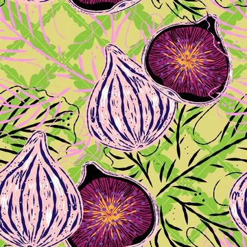 Seamless pattern with figs and leaves in line-art style. Mediterranean spirit 스톡 일러스트