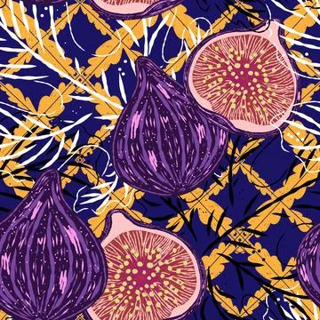 Seamless pattern with figs and leaves in line-art style. Mediterranean spirit 스톡 일러스트