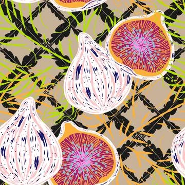 Seamless pattern with figs and leaves in line-art style. Mediterranean spirit 스톡 일러스트