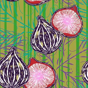 Seamless pattern with figs and leaves in line-art style. Mediterranean spirit Stock Illustration