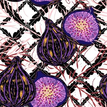 Seamless pattern with figs and leaves in line-art style. Mediterranean spirit Stock Illustration