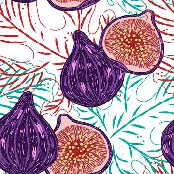 Seamless pattern with figs and leaves in line-art style. Mediterranean spirit Stock Illustration